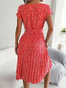 Vestido largo plisado de manga corta para mujer, de cintura alta vestido elegante, moda Floral, línea A, primavera y verano - Amarillo - Ver 3