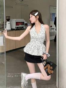 可愛黑色波點細肩帶上衣，夏季設計抓皺修身掛脖上衣 女款 白色 - 白色 - 查看 5