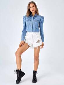 Camisa de mezclilla con mangas gigot y bolsillo con solapa para mujer - Azul lavado medio - Ver 4