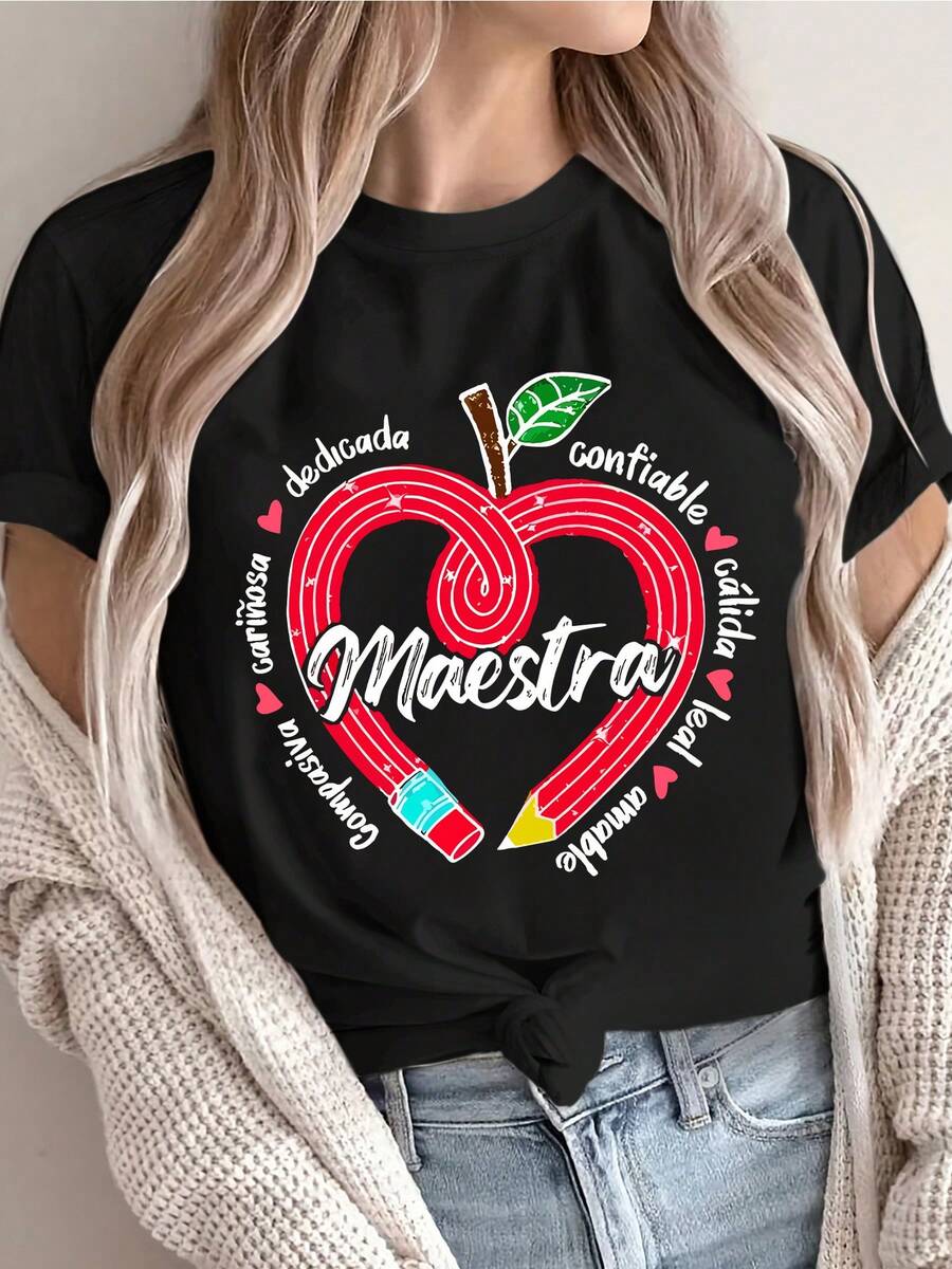 Women's Casual T-Shirt With A Round Neck And Apple Alphabet Design, Polyester Fabric, Regular Length, Short-Sleeve Top For All Seasons, Casual Wear | Heart Graphic Tee | Comfortable Fit - 黑色 - 查看 1