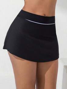 Pantalones cortos deportivos con ribete de contraste para mujer - Negro - Ver 6