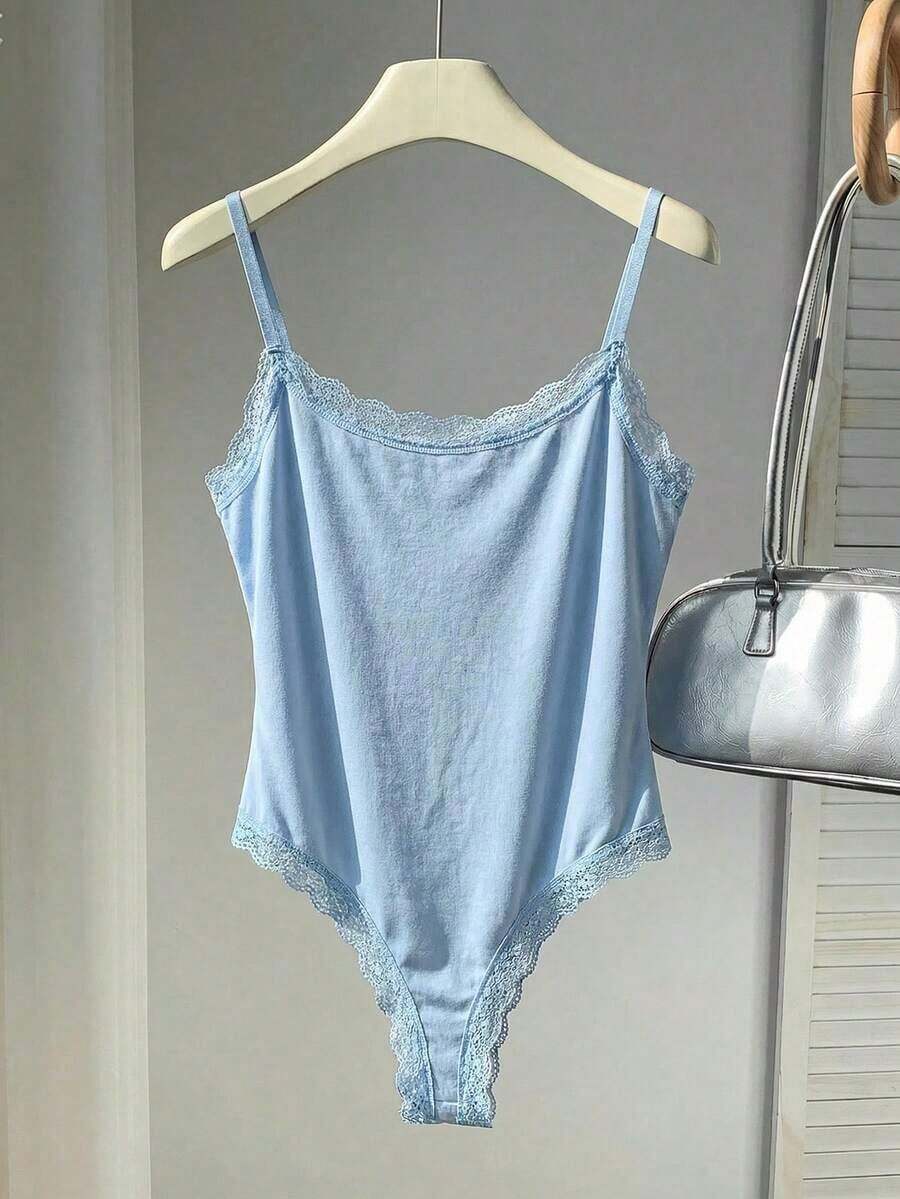 Body Con Tirantes Finos Y Ribete De Encaje Para Mujer - Azul - Ver 1