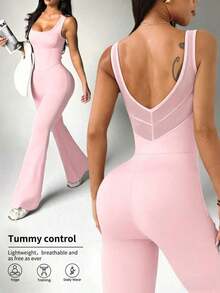 Mono de mujer negro de ropa deportiva, diseño de cintura alta, cuello en U y espalda en U, adecuado para uso diario casual, gimnasio, yoga, correr, primavera/verano - Rosa - Ver 1