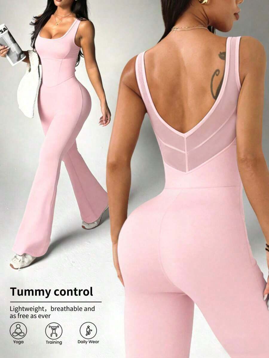 Mono de mujer negro de ropa deportiva, diseño de cintura alta, cuello en U y espalda en U, adecuado para uso diario casual, gimnasio, yoga, correr, primavera/verano - Rosa - Ver 1