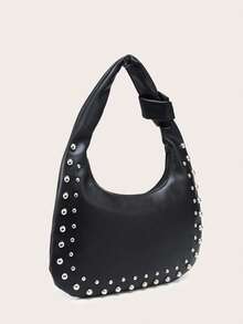 Tas Bahu Bulan Sabit Wanita, Bahan PU, Kapasitas Besar, Dekorasi Kancing, Gaya Vintage, Cocok Untuk Bepergian dan Jalan-jalan - Hitam - View 2