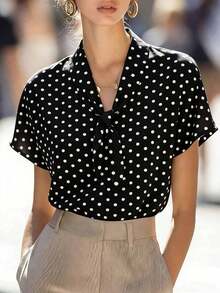 Women's Shirt With Polka Dots And French Bow Tie Design, Spring/Summer - 黑色 - 查看 7