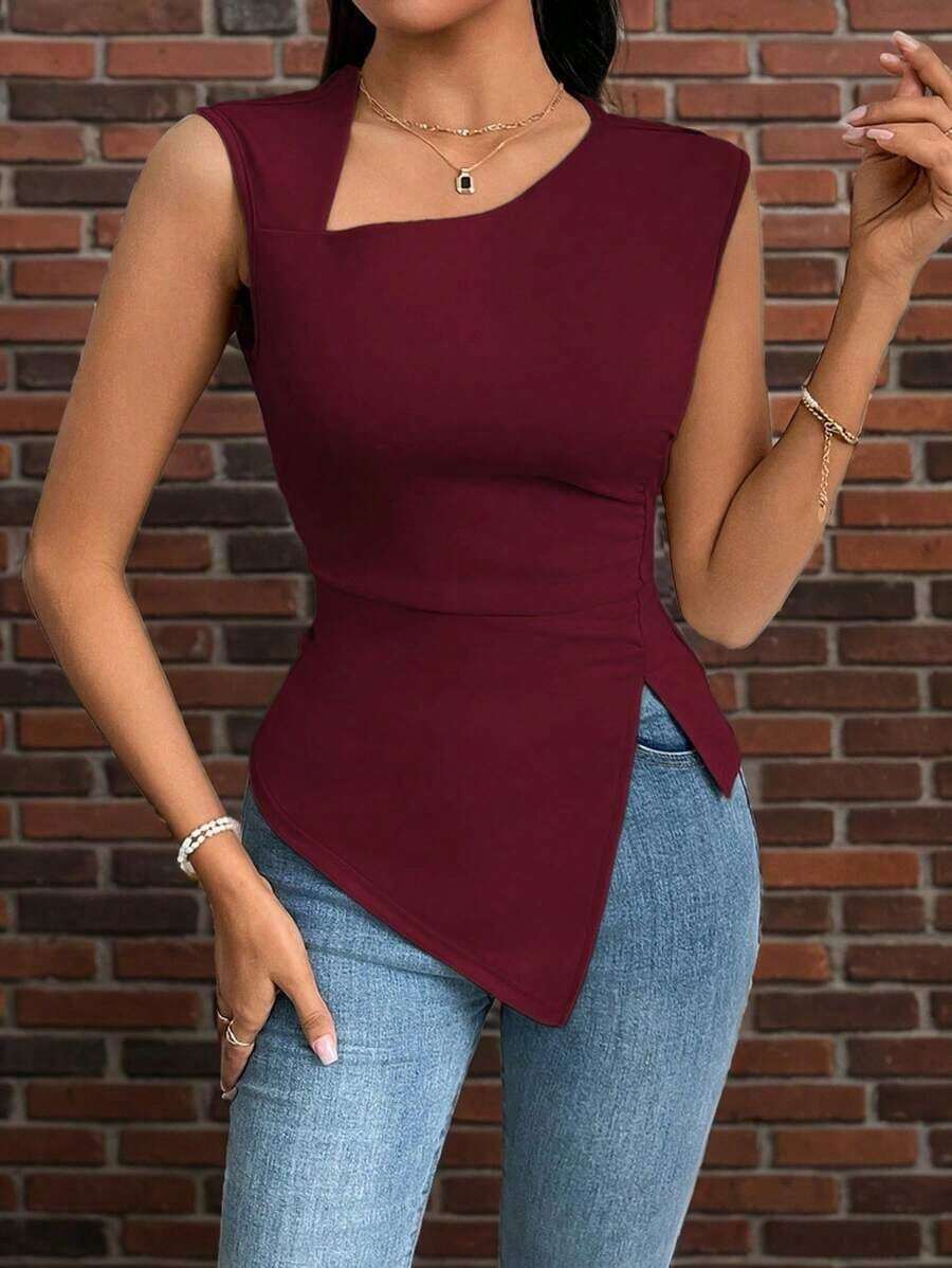Camiseta de corte ajustado con mangas de obispo de unicolor elegante y simple para uso diario, vacaciones, fiestas y exteriores para mujeres - Burdeos - Ver 1
