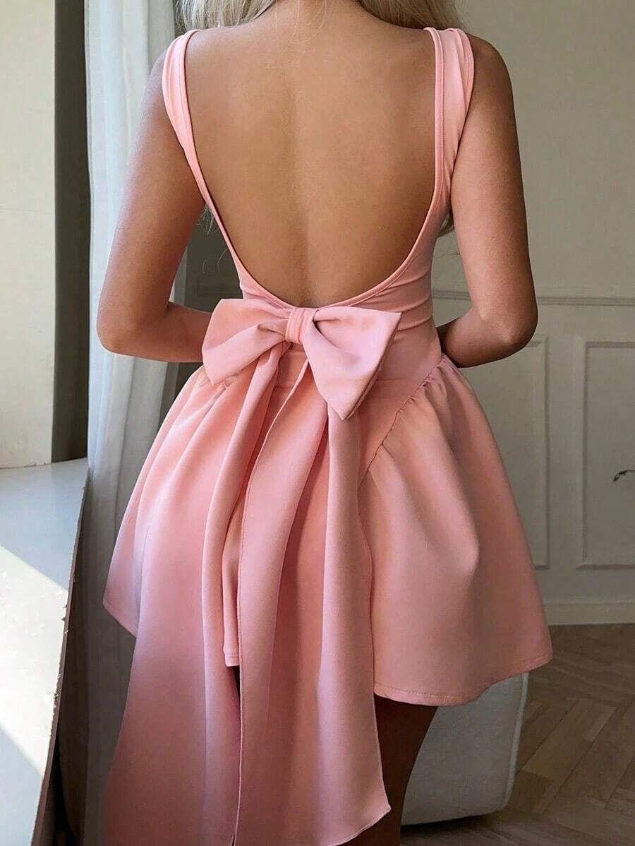 Vestido Mini Slip para Mujer JJS, Color Sólido, Espalda Descubierta, Estilo Simple, Casual para Uso Diario, Vestidos Pastel para Mujer - Rosa vieja - Ver 1