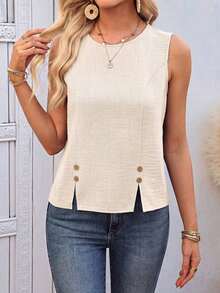 Camisa sin mangas de unicolor con diseño de botones para mujer - Albaricoque 2 - Ver 5