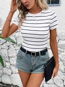 Camiseta de manga corta ajustada de cuello redondo minimalista casual para mujer, adecuada para primavera/verano - Blanco y Negro - Ver 5