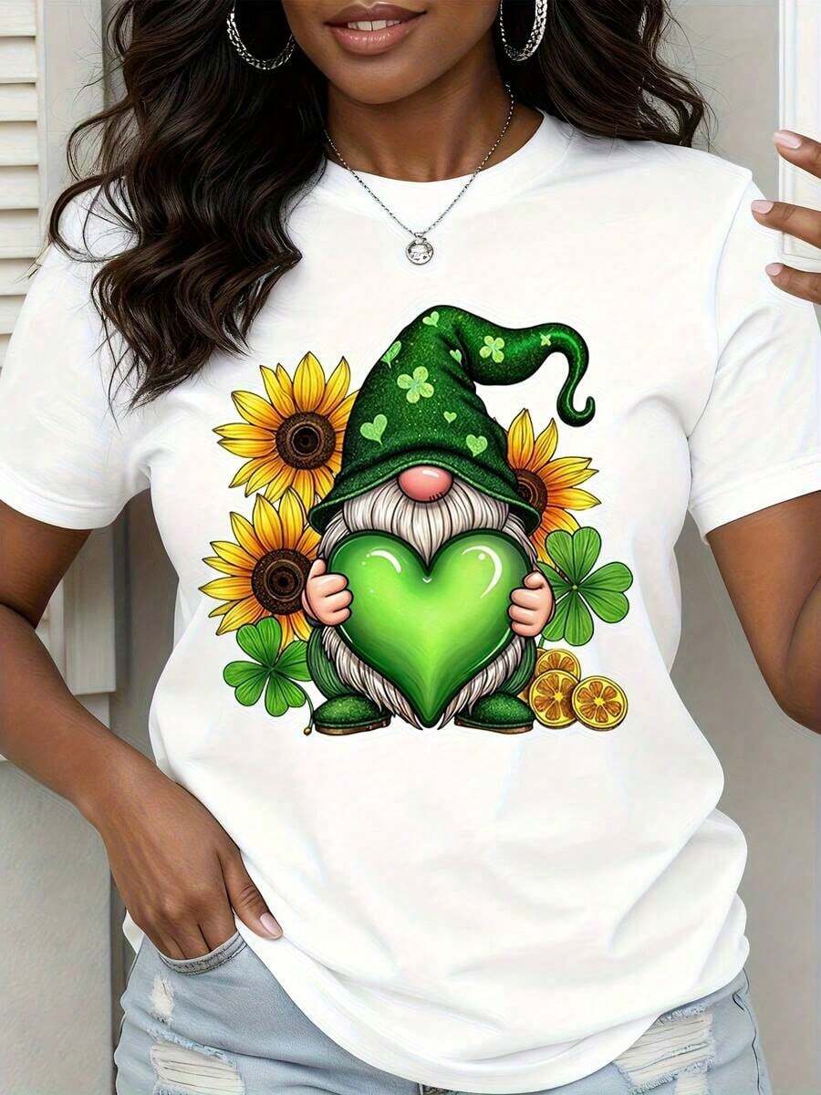 1 Piece St. Patrick's Day Gnome T-Shirt With Green Heart, Sunflowers And Shamrock, 180g 100% Cotton - 白色 - 查看 1