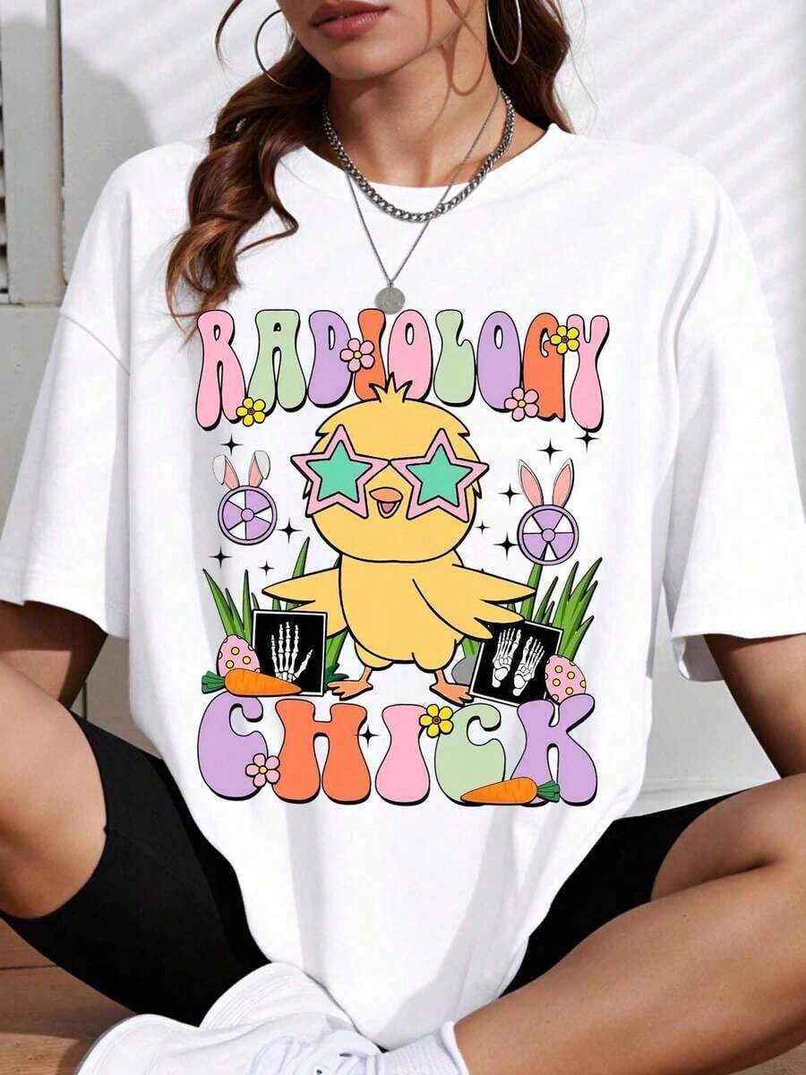 1 Piece Women's Radiology T-Shirt With Colorful Duckling Print, X-Rays, And Easter Elements, Spring/Summer Casual Wear, Fashion, 180g 100% Cotton - 白色 - 查看 1