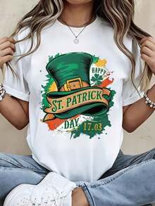 1 Piece Of Women's Round Neck T-Shirt With Green Hat And Shamrock Print For St. Patrick's Day, Short Sleeve For St. Patrick's Day Celebration, 180g, 100% Cotton. - 白色 - 查看 12