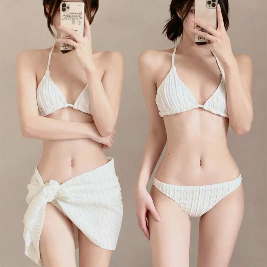 Nuevo Bikini Sexy de Tres Piezas Estilo Ins 2026 con Sensación Avanzada y Efecto Adelgazante para Vacaciones en la Playa - BLANCO - Ver 1