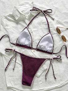 Conjunto de bikini de 2 piezas para mujer de verano con tela jacquard de unicolor, volantes en el borde y tirantes ajustables - Morado - Ver 2