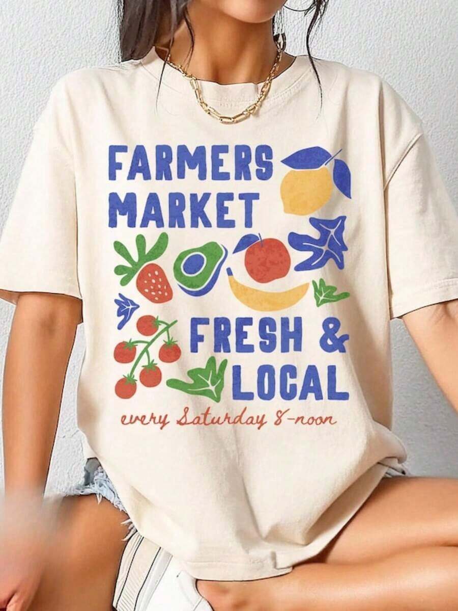 Farmers Market T-Shirt, Fruit T-Shirt, Tomato Design Summer T-Shirt, Aesthetic T-Shirt, Support Local Production T-Shirt, Fresh And Local T-Shirt, Classic 100% Cotton Thick Short Sleeve T-Shirt, Graphic Print T-Shirt, Casual Short Sleeve Top For Women - 白色 - 查看 1