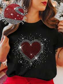 Women's Plus Size Casual Short Sleeve T-Shirt With Round Neck And Heart-Shaped Rhinestones For Valentine's Day - 6 - 查看 4