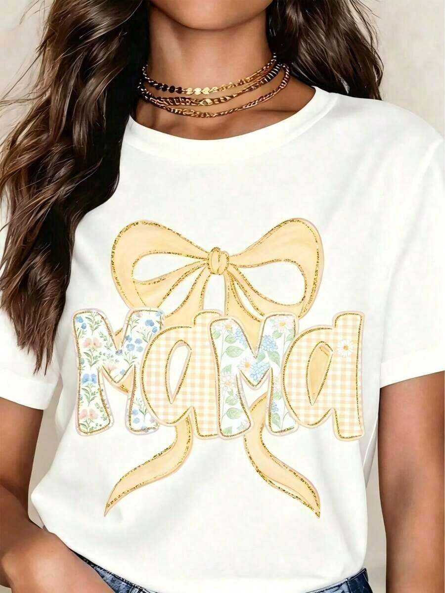 T-Shirt With "Mom" Bow In A Pink Floral Design, Casual Gift For Mom - Yellow - View 1