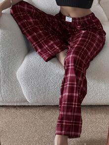 Pantalones de estar por casa rectos de cintura elástica con estampado de cuadros para mujer, para invierno - Burdeos - Ver 5