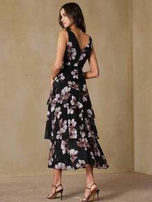 Aveloria Revavyn Vestido maxi elegante y grácil de mujer con escote en V profundo y sin mangas, de gasa ligera con estampado floral romántico, con cintura ceñida y dobladillo con volantes en capas, adecuado para citas, vacaciones, lujo y delicadeza - Negro - Ver 6