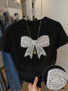 1 pieza Camiseta de cuello redondo de manga corta con adorno de rhinestones minimalista y de moda para mujer, un gran regalo para amigos - Negro 2 - Ver 1