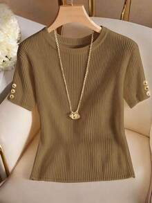 Elegante camiseta de punto de cuello redondo, top de punto minimalista de moda, primavera/verano - Marrón - Ver 5
