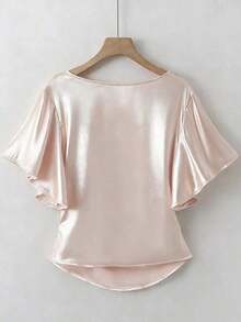 Blusa de satén elegante, blusa de manga corta, blusa de cuello en V, blusa de uso diario - Rosa - Ver 2