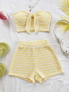 2 piezas Conjunto de top corto a rayas y shorts de cintura alta para mujer, adecuado para vacaciones, citas, té de la tarde, playa, crucero, viaje a la ciudad, festival de música, estilo bohemio de playa - Amarillo - Ver 4