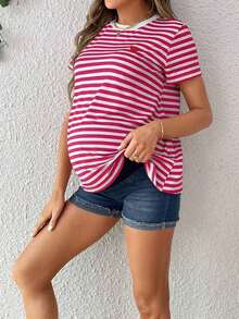 Camiseta De Maternidad De Cuello Redondo A Rayas De Manga Corta Para Verano - Rosa Fucsia - Ver 3