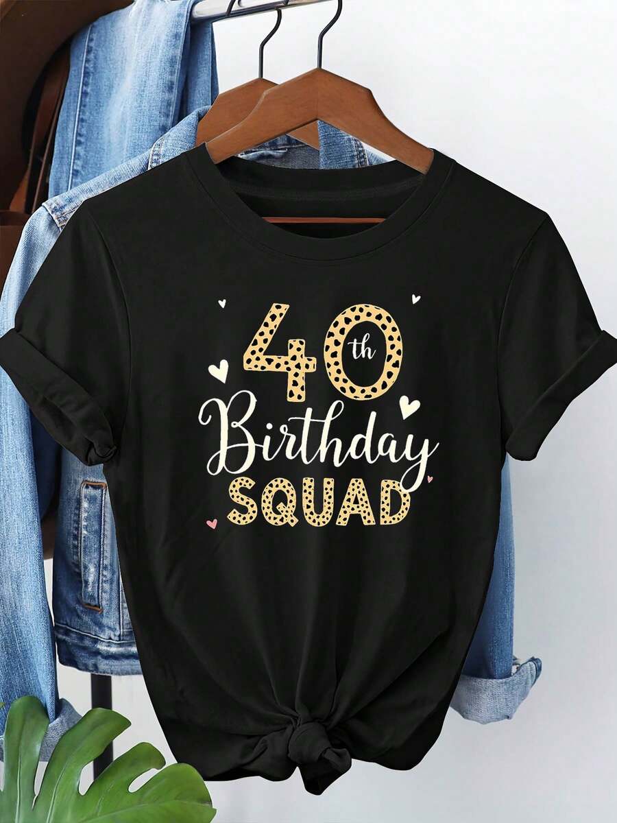 Women's Spring/Summer T-Shirt With A Leopard Print And Color Block Design, Perfect For A 40th Birthday Party Or A 40th Birthday Team. Ideal For Beauty Studios, Outings With Beauty Bloggers, Beauty Sessions With Friends, Everyday Expression Of Hobbies And Style, And A Short-Sleeved T-Shirt For Everyday Urban Style. A Stylish Party Outfit, A T-Shirt For Elegant Ladies, A Blouse Suitable For Curvy Women, Casual Wear, Cool And Breathable Summer Clothing, And A Fun Letter Print. - 黑色 - 查看 1