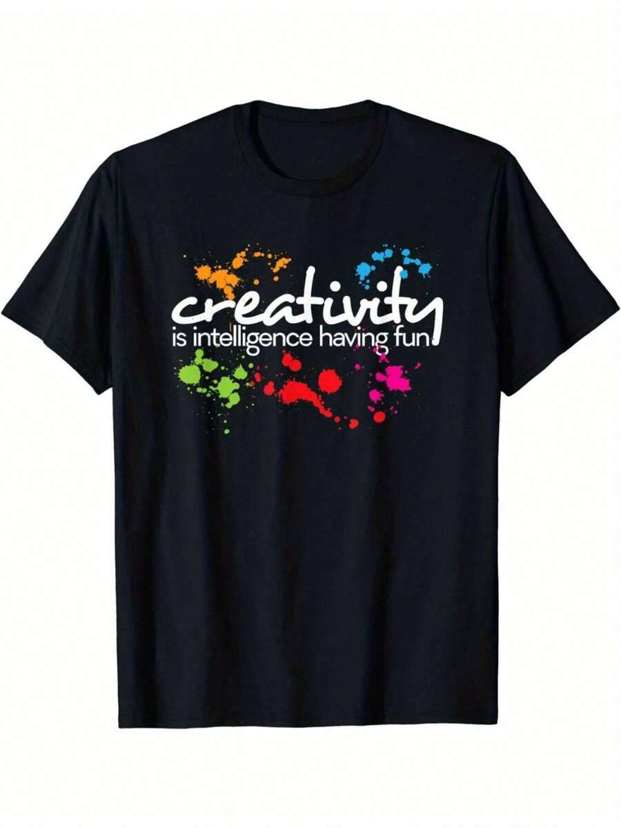 1 Camiseta con Diseño Creativo, 100% Algodón, Cuello Redondo, Manga Corta, Versión Regular, Camiseta de Tejido de Punto Casual, Elasticidad Media, Adecuada para Adultos, Apta para Todas las Temporadas, Camiseta Casual Colorida de Manga Corta para Fin de Semana - Negro - Ver 1