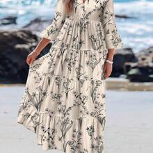 Casual Floral Pattern V-Neck Long Sleeve Pleated Dress For Women, Suitable For Autumn Blue And White Floral Dress Chic Dress,Vacation - Beis - Ver 6