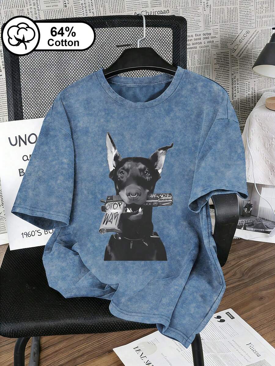 Áo thun nữ cỡ lớn mùa hè, in hình chó Doberman Pinscher cầm súng, cổ tròn tay ngắn kiểu vintage, phong cách đường phố Mỹ, áo nữ mùa hè thường ngày - Màu xanh lam - Xem 1