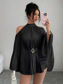 Elenzya Elegante camisa/blusa de mujer con mangas acampanadas y cintura ceñida para vacaciones - Negro - Ver 6