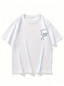 Limited Edition Little Bear 2024 New Men's Short Sleeve T-Shirt, White, Korean Style, One Size, Loose Fit, Crew Neck, Lightweight Cotton - 白色 - 查看 6