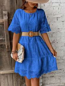 Vestido casual de vacaciones de unicolor con bordado calado para mujer - Amarillo claro - Ver 6