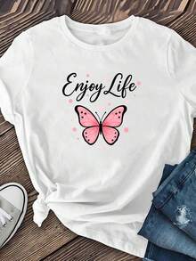 Camiseta de manga corta con estampado de mariposa "Enjoy Life", una prenda casual para uso diario, hecha de poliéster suave y transpirable con elasticidad media, lavable a máquina, ropa de mujer, camiseta de cuello redondo, una prenda versátil para uso diario, perfectamente adecuada para el estilo callejero vintage de verano, camiseta unisex de algodón holgada de manga corta y cuello redondo. - Blanco - Ver 2