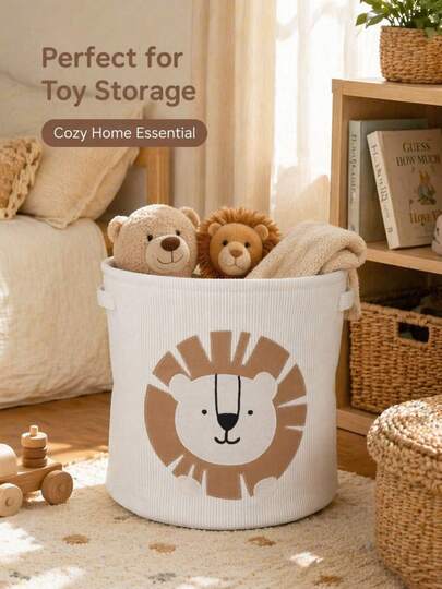 1pc Corduroy Baby Nursery Storage Bin, Round Straight Cylinder Shape With Handle, Portable, Corners Design, Diaper, Wipes, Bottle Storage Organizer
