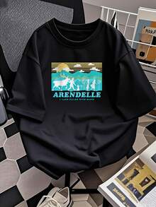 Montañas doradas con nubes y figuras caminando junto a un reno evocan un mundo mágico y aventurero lleno de esperanza y libertad camiseta de mujer  cómoda y suave para uso diario y viajes urbanos modernos - Negro - Ver 2