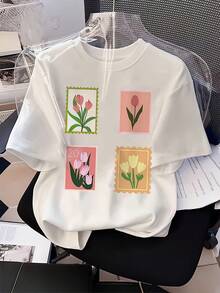 Camiseta unisex de manga corta y cuello redondo de algodón holgado, estilo vintage urbano, con estampado de tulipanes de cuatro cuadrados, para mujer. blusas.blusas casuales para dama. - Blanco - Ver 6