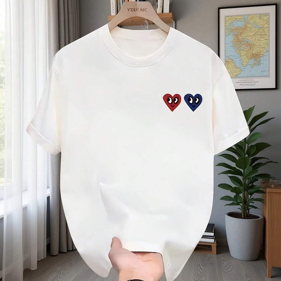 Unisex T-Shirt With Double Heart Graphic, Harajuku Style, Casual, Summer, Short Sleeve, Red And Blue, Twin Hearts, Fashionable - 款式 - 查看 1