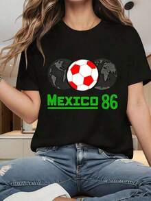 Camiseta Negra con Estampado Gráfico de la Copa Mundial de Fútbol México 86 para Fanáticos del Deporte y Uso Casual - Negro - Ver 6