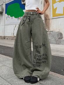 1件日系街頭風女款拼接印花彎腿寬鬆闊腿牛仔長褲，四季皆宜，休閒秋季款 - 綠色 - 查看 3