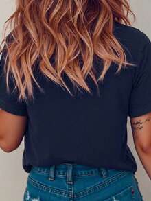 Camiseta de manga corta con estampado floral casual para mujer, camiseta de cuello redondo lisa con encantador patrón de flores para el ocio de las mujeres, color negro - Azul marino - Ver 2