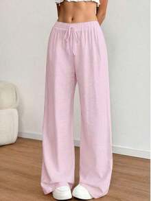 Women's Loose-Fitting, Low-Waisted Linen Trousers In A Bohemian And Casual Style, Wide-Leg And Relaxed Drawstring Pants, Soft And Comfortable, Suitable For Everyday Casual Wear And Holidays, All Year Round, Spring - 淡粉紅色 - 查看 12