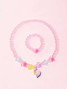 2pcs/Set Girls Cute Cartoon Flamingo Pendant Necklace Beaded Bracelet Jewelry Set, Random Color, Suitable For Girls Vacation Casual And Daily Wear, Perfect Gift - one-size - View 12