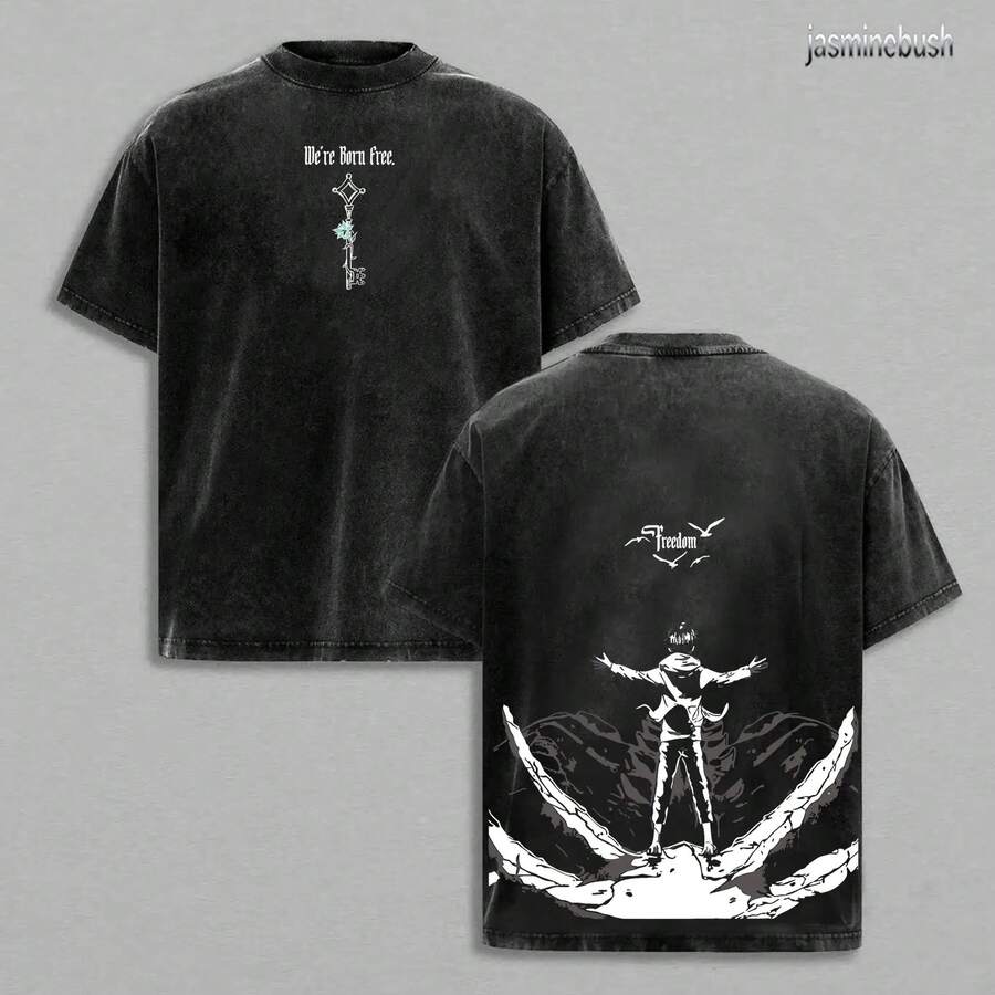 The Key To Freedom – MU0Z Oversized Anime T-Shirt With Vintage Wash Effect - 黑色 - 查看 1