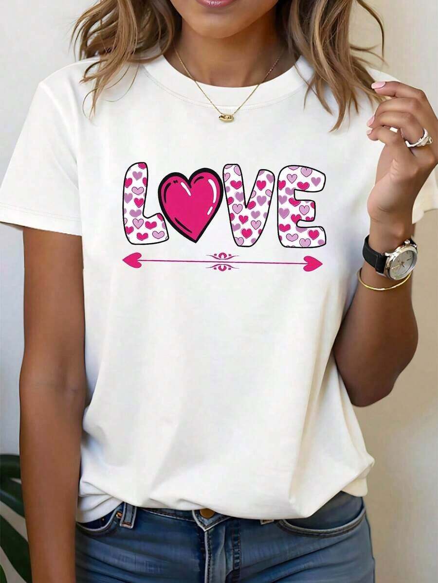 1 Piece Women's T-Shirt With LOVE Graphic Print, Short Sleeve, Round Neck, Casual Top For Spring And Summer, Women's Clothing, 180g 100% Cotton - 白色 - 查看 1