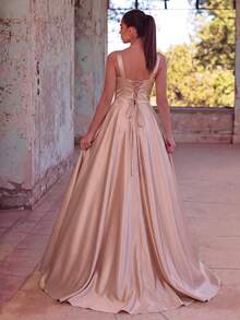 Satin rückenfrei Krawatte Träger Abendkleid, elegantes formelles Abendkleid geeignet für Hochzeitsgäste, Abschlussfeiern, Galas und andere formelle Anlässe - Champagnerfarben - Übersicht 3