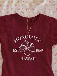 Blusa casual de mujer con bordado floral, camiseta de cuello redondo para el verano - Burdeos 3 - Ver 3
